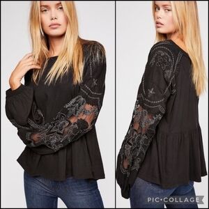 💘 Free People Metallic Floral Embroidered Flare Ruffle Blouse Top